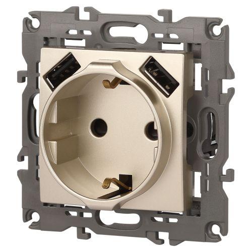  Розетка 16А 250В 2P+E с 2хUSB 5В-3А защ. шторки Elegance шампань 14-4109-04 ЭРА Б0047870 фото в каталоге от BTSprom.by