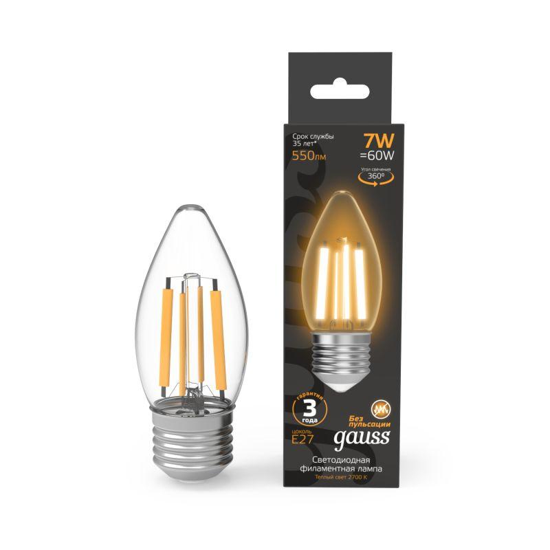 лампа светодиодная филаментная black filament 7вт свеча 2700к тепл. бел. e27 550лм gauss 103802107 от BTSprom.by