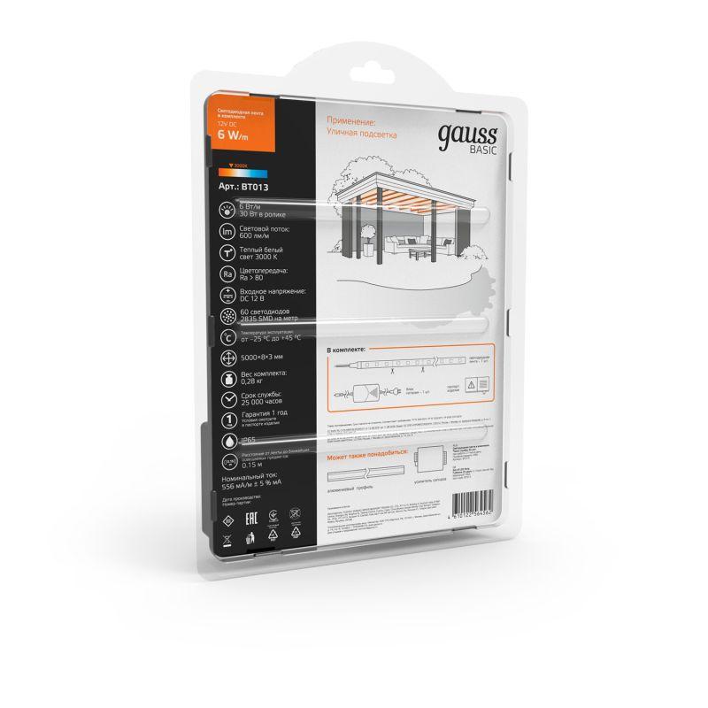  Лента светодиодная Basic 2835/60-SMD 6Вт/м 3000К тепл. бел. IP65 600лм/м 12В 8мм драйвер (уп.5м) GAUSS BT013 фото в каталоге от BTSprom.by