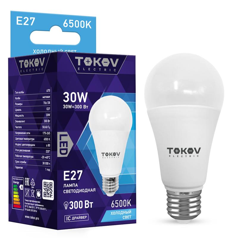 лампа светодиодная 30вт а70 6500к е27 176-264в tokov electric tke-a70-e27-30-6.5k от BTSprom.by