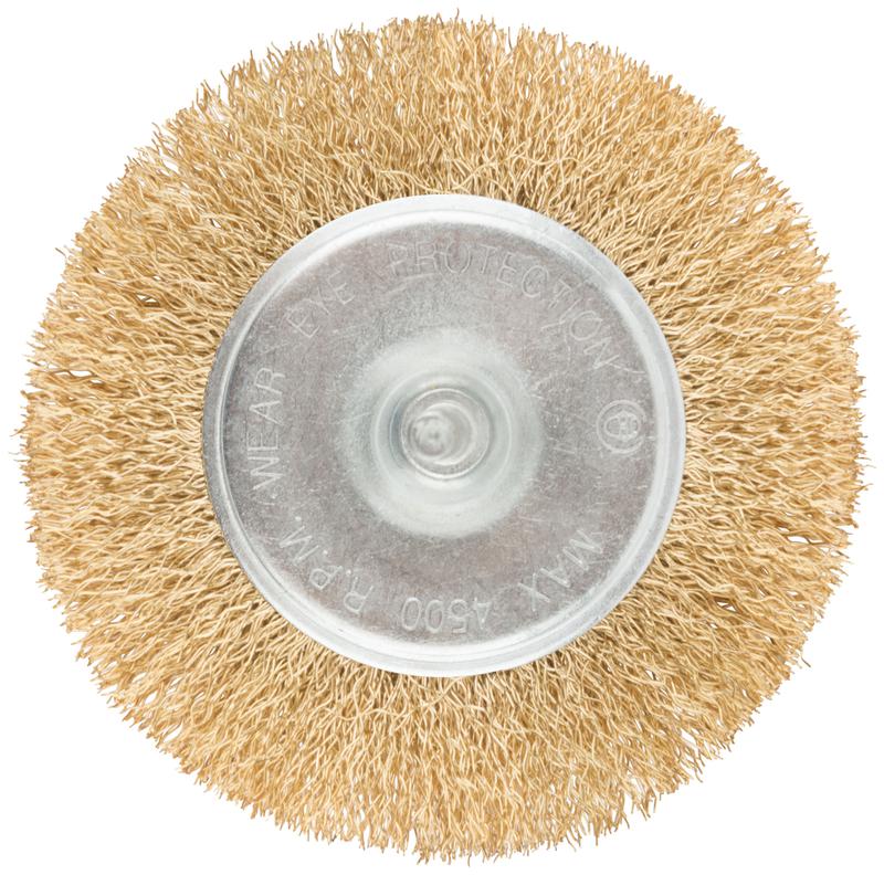 Корщетка тип "колесо" со штифтом стальная латунированная волнистая проволока 100мм MOS 38485М фото в каталоге от BTSprom.by