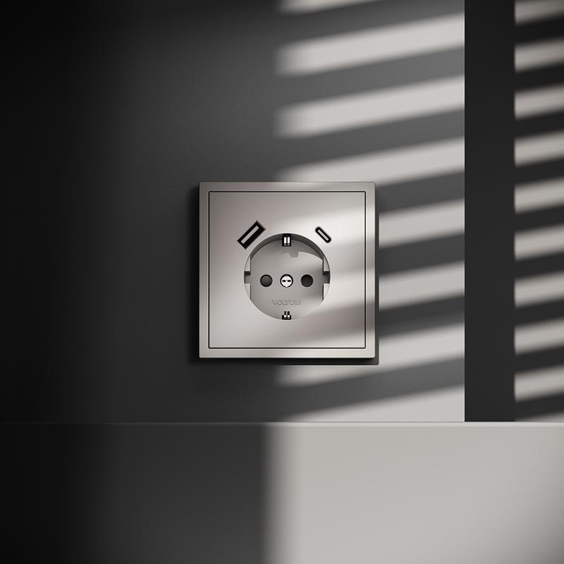  Розетка 1-м СП S70 16А с USB A+С с заземл. защ. шторки механизм кашемир Voltum VLS040503 фото в каталоге от BTSprom.by