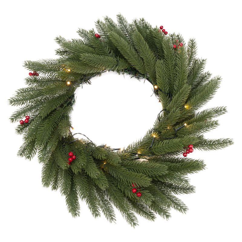  Венок еловый с ягодами и гирляндой d45см 20LED тепл. бел. 0.1Вт IP20 литой элементы питания 2хAA Neon-Night 307-150 фото в каталоге от BTSprom.by