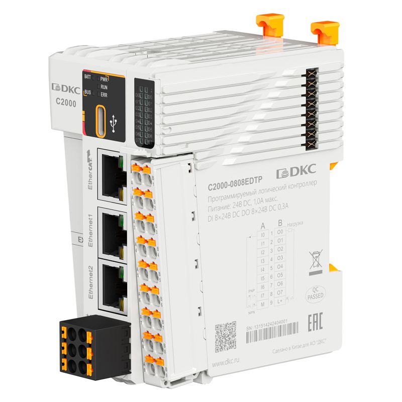 модуль процессорный программируемого логического контроллера c2000 24в dc; 8 di - 24в dc; 8 do - 24в dc(pnp); 1хrs485; 2хethernet; 1хethercat; 1хtype-c; 2 модуля расширения моноблока (bd) dkc c2000-0808edtp от BTSprom.by