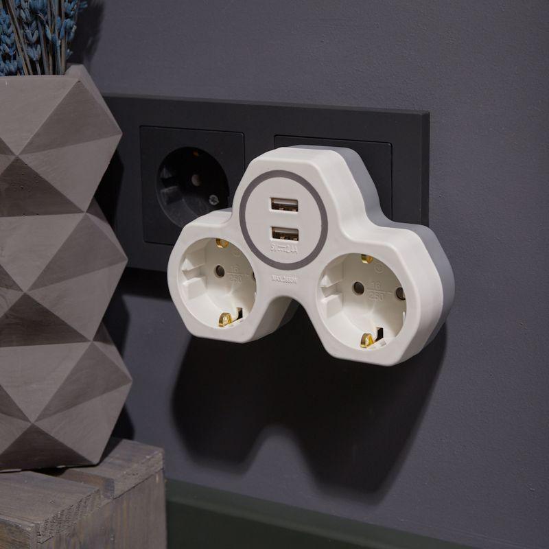  Разветвитель 2-м с заземл. 16А IP20 2хUSB 2.4А защ. шторки бел. Rexant 11-1089 фото в каталоге от BTSprom.by