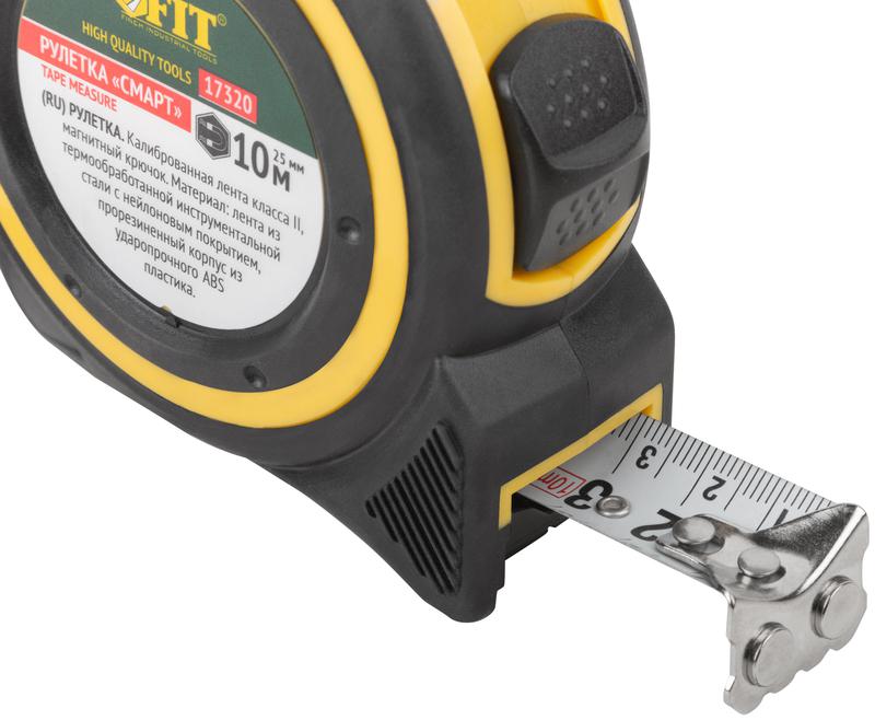  Рулетка Смарт 10мх25мм калибр. лента; нейлон. покрытие; магн. крючок; прорезиненный корпус FIT 17320 фото в каталоге от BTSprom.by