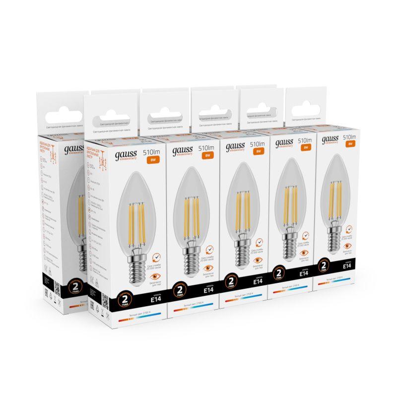 Лампа светодиодная филаментная Filament Elementary 8Вт свеча 2700К Е14 510лм GAUSS 32118 фото в каталоге от BTSprom.by