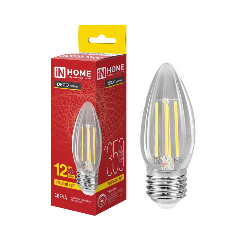 лампа светодиодная led-свеча-deco 12вт свеча прозрачная 3000к e27 1350лм 230в in home 4690612063263 от BTSprom.by