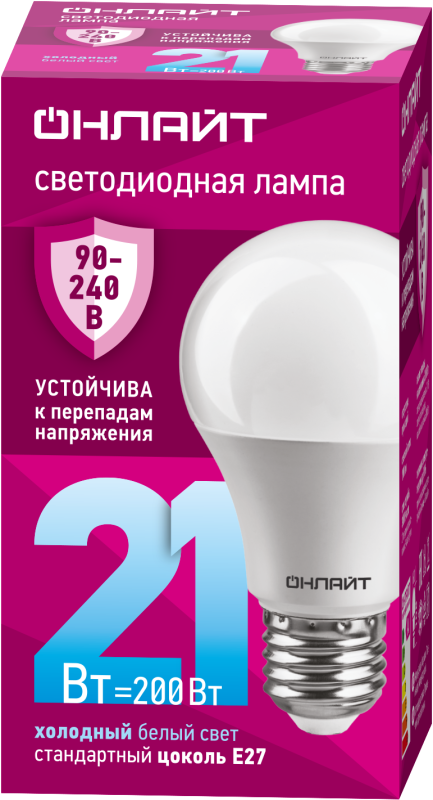 лампа светодиодная 90 406 oll-a60-21-230-6.5k-e27 (pro 90-240в) онлайт 90406 от BTSprom.by
