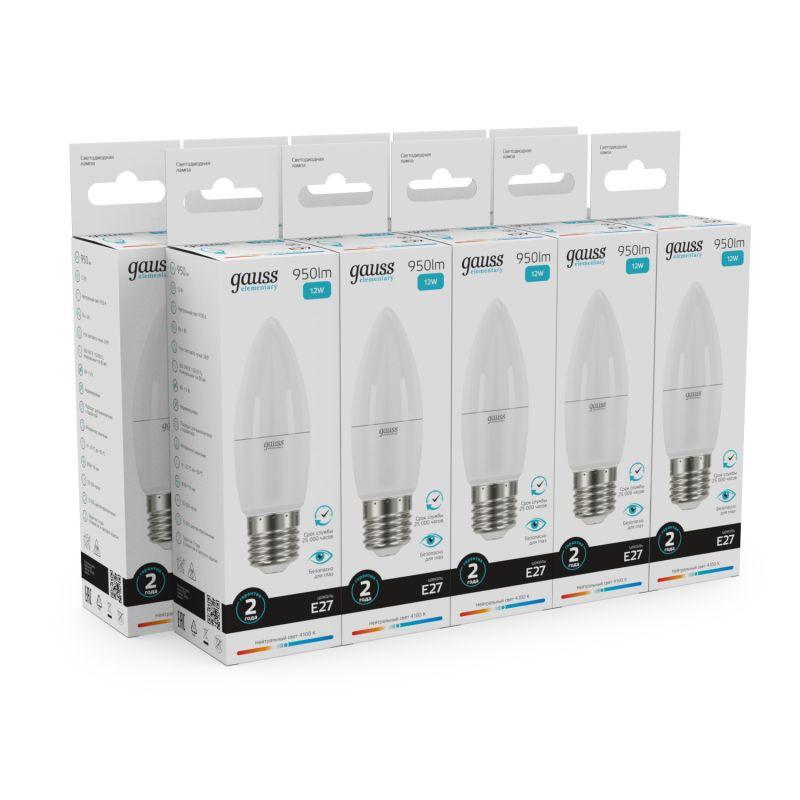 Лампа светодиодная Elementary 12Вт свеча 4100К нейтр. бел. E27 950лм GAUSS 30222 фото в каталоге от BTSprom.by