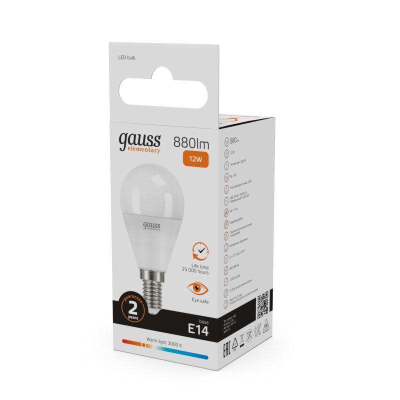 Лампа светодиодная Elementary 12Вт P45 шар 3000К тепл. бел. E14 880лм GAUSS 53112 фото в каталоге от BTSprom.by
