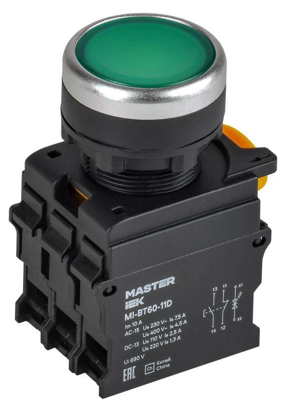 кнопка d22мм 1но+1нз master с подсветкой зел. iek mi-bt60-11d-3-12-k06 от BTSprom.by