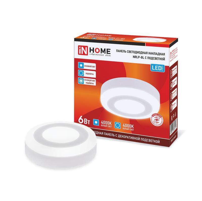 светильник светодиодный nrlp-bl круглый накладной 6вт 230в 4000к 350лм 105мм с подсветкой бел. ip20 панель in home 4690612033051 от BTSprom.by