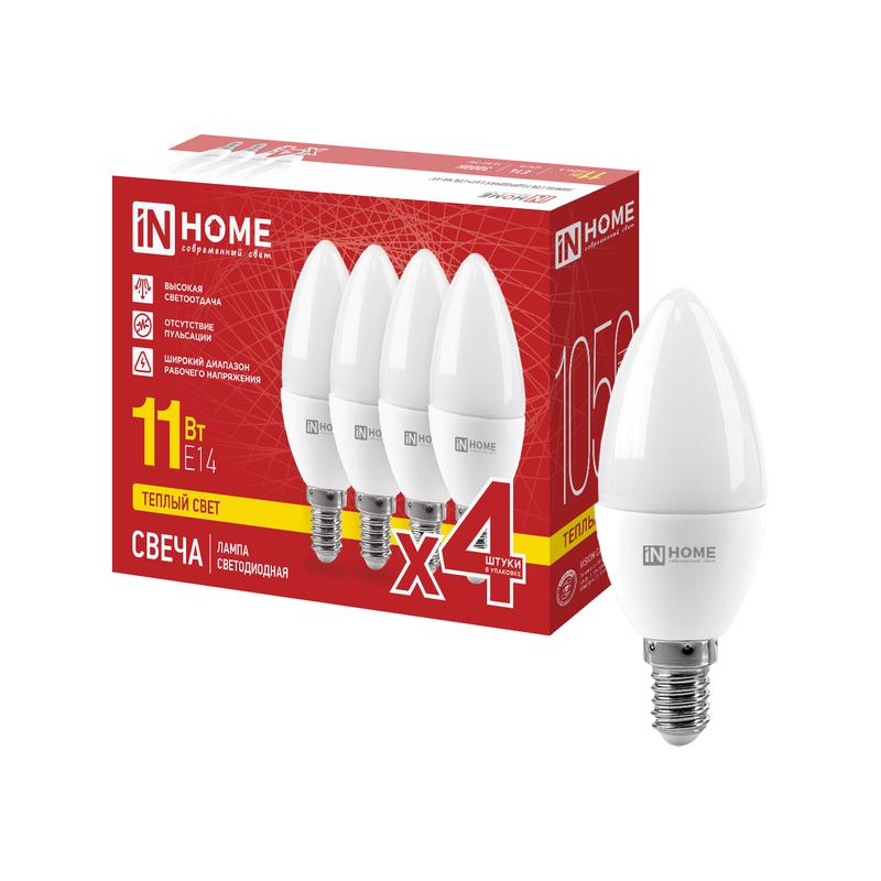лампа светодиодная led-свеча-vc 4pack 11вт свеча 3000к e14 1050лм 230в (уп.4шт) in home 4690612063102 от BTSprom.by