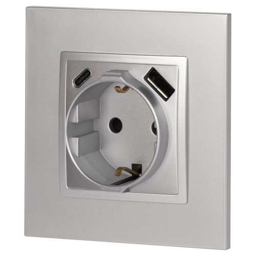  Розетка 1-м СП Elegance 14-4108-03 16А 250В 2P+E с USB type-A+C 5В-3А защ. шторки алюм. Эра Б0067741 фото в каталоге от BTSprom.by