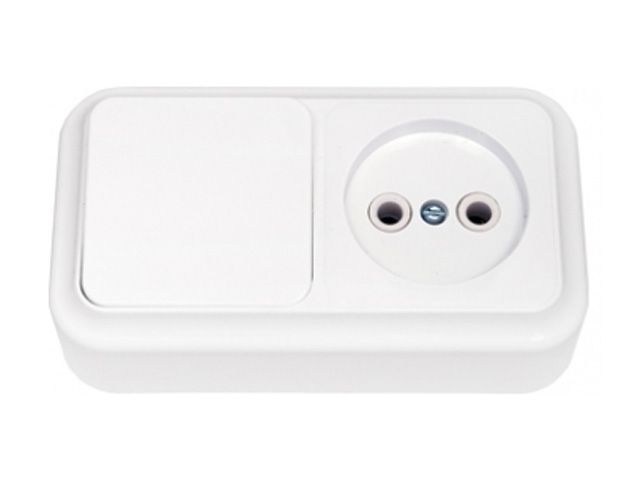 блок выкл. 1 клав. + розетка (открытая, б/з) белая, пралеска, bylectrica в-рц-521 от BTSprom.by