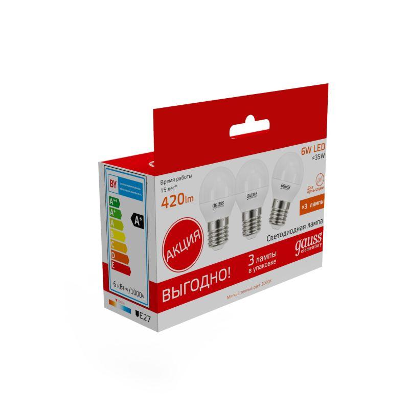 Лампа светодиодная Elementary 6Вт P45 шар 3000К тепл. бел. E27 420лм промо (уп.3шт) GAUSS 53216T фото в каталоге от BTSprom.by