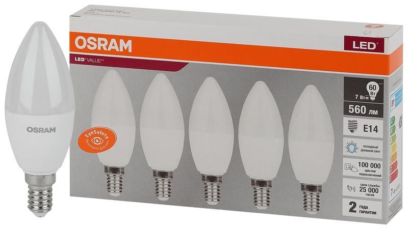 лампа светодиодная led value lvclb60 7sw/865 7вт свеча матовая e14 230в 2х5 ru (уп.5шт) osram 4058075577985 от BTSprom.by