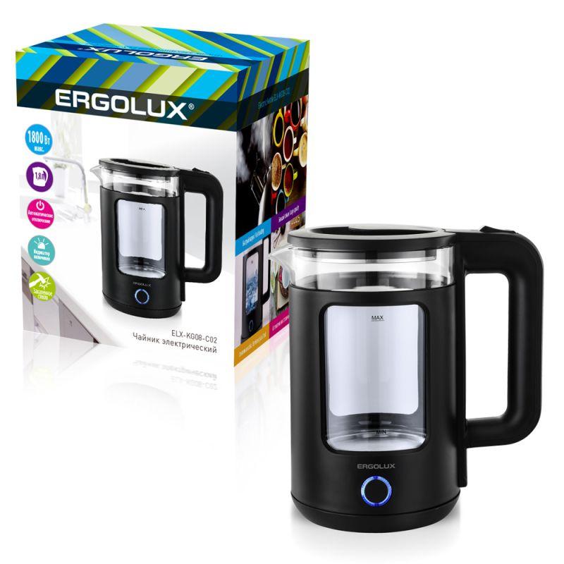 чайник электрический elx-kg08-c02 стекло/пластик 1.8л 220-240в 1800вт черн. ergolux 15333 от BTSprom.by