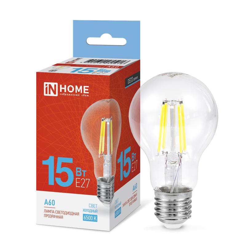 лампа светодиодная филаментная led-a60-deco грушевидная прозрачная 15вт 230в e27 6500к 1480лм in home 4690612055916 от BTSprom.by