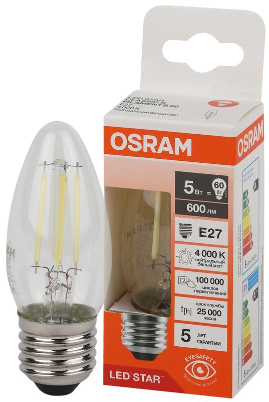 лампа светодиодная филаментная lsclb60 5w/840 230vfilcl 5вт 4000к нейтр. бел. e27 600лм b угол пучка 300град. 220-240в (замена 60вт) прозр. стекло osram 4058075684904 от BTSprom.by
