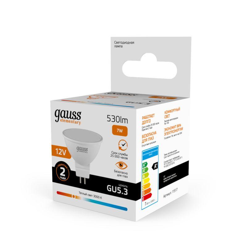 Лампа светодиодная Elementary 7Вт MR16 софит 3000К тепл. бел. GU5.3 530лм 12В GAUSS 11517 фото в каталоге от BTSprom.by