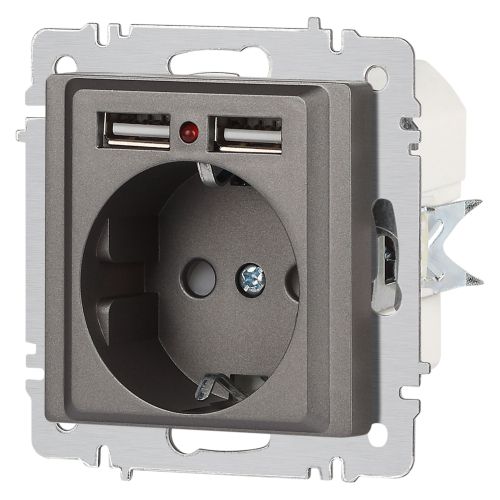  Розетка 1-м СП Accent 6-410-09 16А IP20 250В P+E Schuko + 2хUSB защ. шторки титан Intro Б0063711 фото в каталоге от BTSprom.by