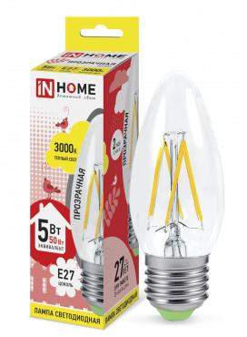 лампа светодиодная led-свеча-deco 5вт свеча прозрачная 3000к тепл. бел. e27 450лм 230в in home 4690612007588 от BTSprom.by