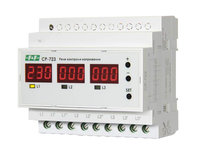 реле контроля напряжения 3ф cp-723 ухл2 диап. рабочих температур -40...+55град.с два режима работы; 3шт 1ф реле или 3ф реле напряжения; монтаж на din-рейке; 100…450 ac 3no 3х63а f&f ea04.009.019 от BTSprom.by