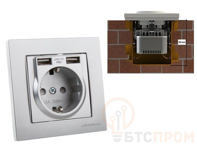 Розетка 1-ая (скрытая, с/з) + 2 USB серебро, RITA, MUTLUSAN 2220 619 0282 фото в каталоге от BTSprom.by  Розетка 1-ая (скрытая, с/з) + 2 USB серебро, RITA, MUTLUSAN 2220 619 0282 фото в каталоге от BTSprom.by