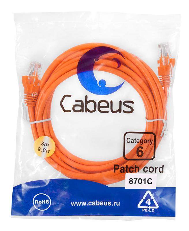 патч-корд u/utp кат.6 pc-utp-rj45-cat.6-3m-or 2xrj45/8p8c неэкранир. pvc 3м оранж. cabeus 8701c от BTSprom.by