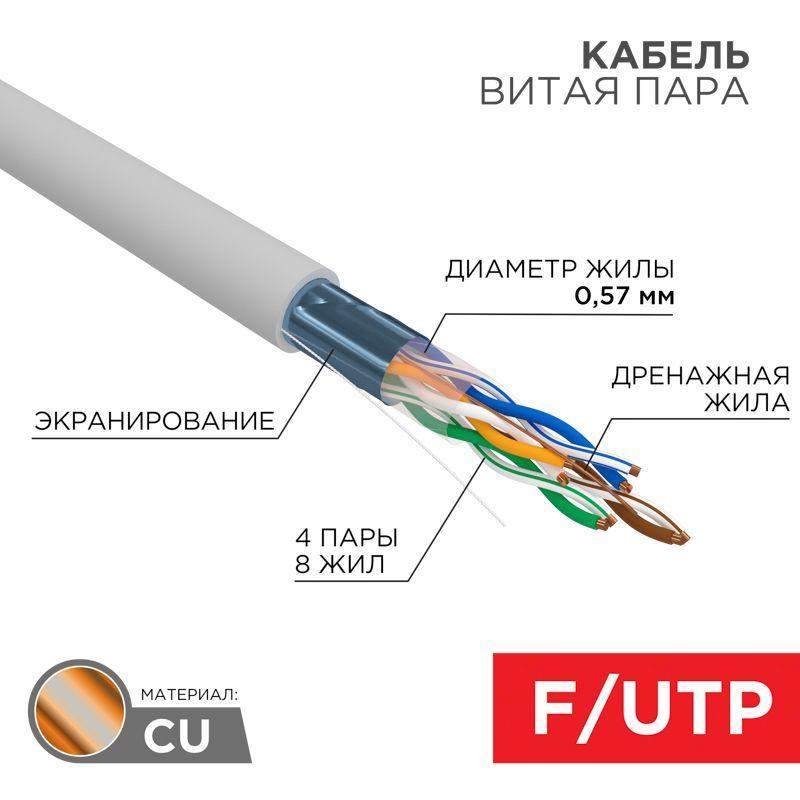 кабель витая пара f/utp кат.6 4х2х0.57 23awg solid zh нг(а)-hf indoor cu сер. (305м) rexant 01-0167 от BTSprom.by