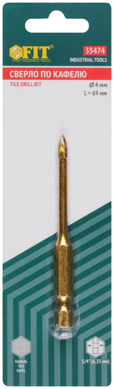  Сверло по кафелю 4 режущие кромки титан. покрытие U-хвостовик под биту 4х69мм FIT 35474 фото в каталоге от BTSprom.by