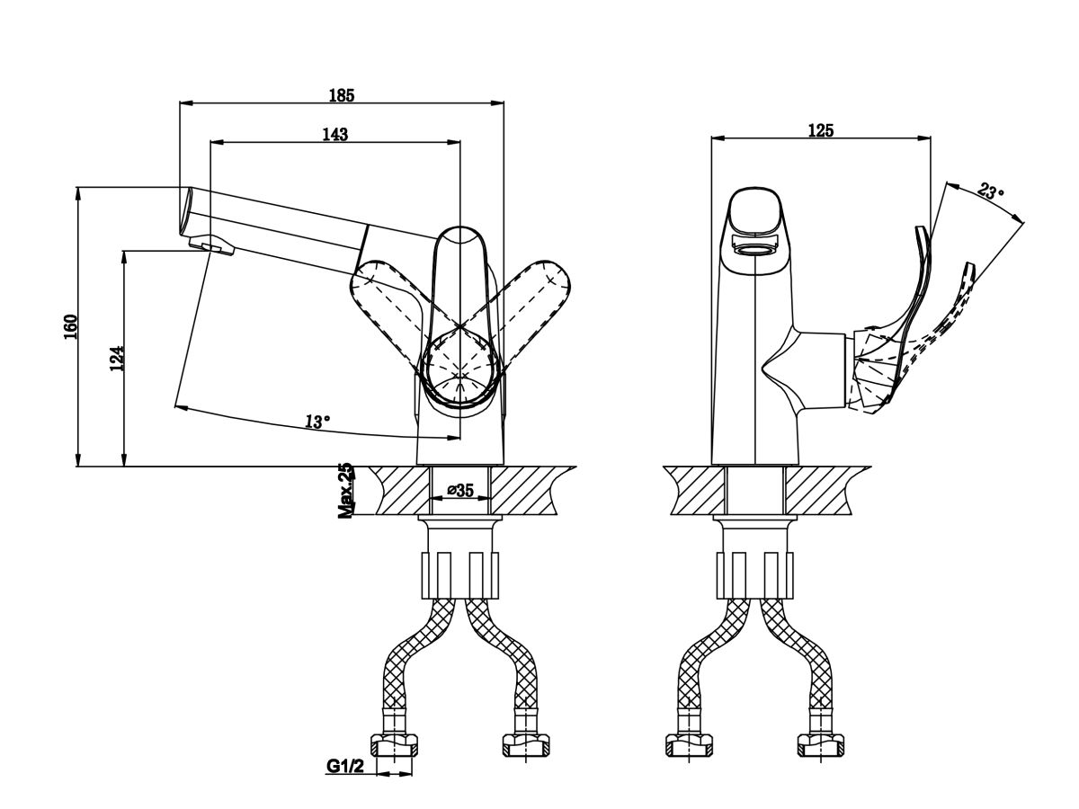  Смеситель для умывальника (Lt) D35, серия Iris хром, a-five (Излив: длина 185 мм, высота 124 мм, вытягивающийся) A5-0226 фото в каталоге от BTSprom.by