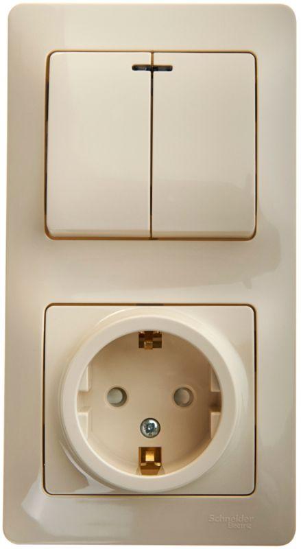 блок комбинированный glossa (розетка с заземл. защ. шторки + 2-кл. выкл.) беж. se gsl000275 от BTSprom.by