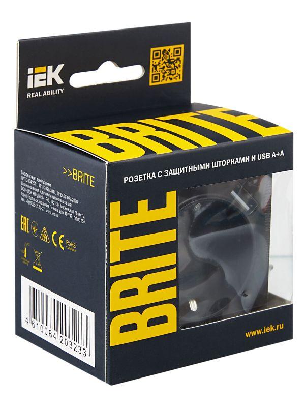  Розетка BRITE РЮш10-1-БрЧ 16А с USB A+A 2.1А с заземл. защ. шторки механизм черн. IEK BR-R14-16-U21-D21-K02 фото в каталоге от BTSprom.by