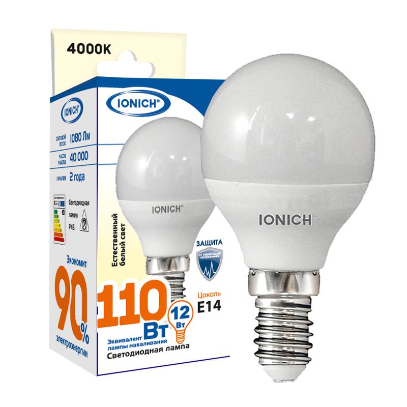 лампа светодиодная p45 12вт шар 4000к e14 1080лм 230в ionich 1628 от BTSprom.by