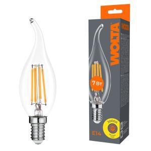 лампа светодиодная filament ct35 7вт свеча на ветру прозрачная 3000к e14 630лм wolta wf-ct35-7w3ke14 от BTSprom.by