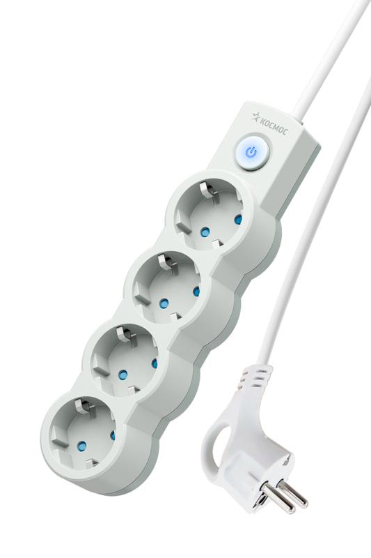 удлинитель 4х5м с заземл. 10а ip20 2200вт 220в защ. шторки пвс 3х1 с выкл. бел. космос yksm5m-4g-z-v10a-w от BTSprom.by