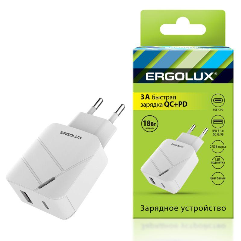 адаптер сетевой 18вт 1usb+1type c 100-220в 5-9в/3а qc коробка бел. ergolux 15252 от BTSprom.by