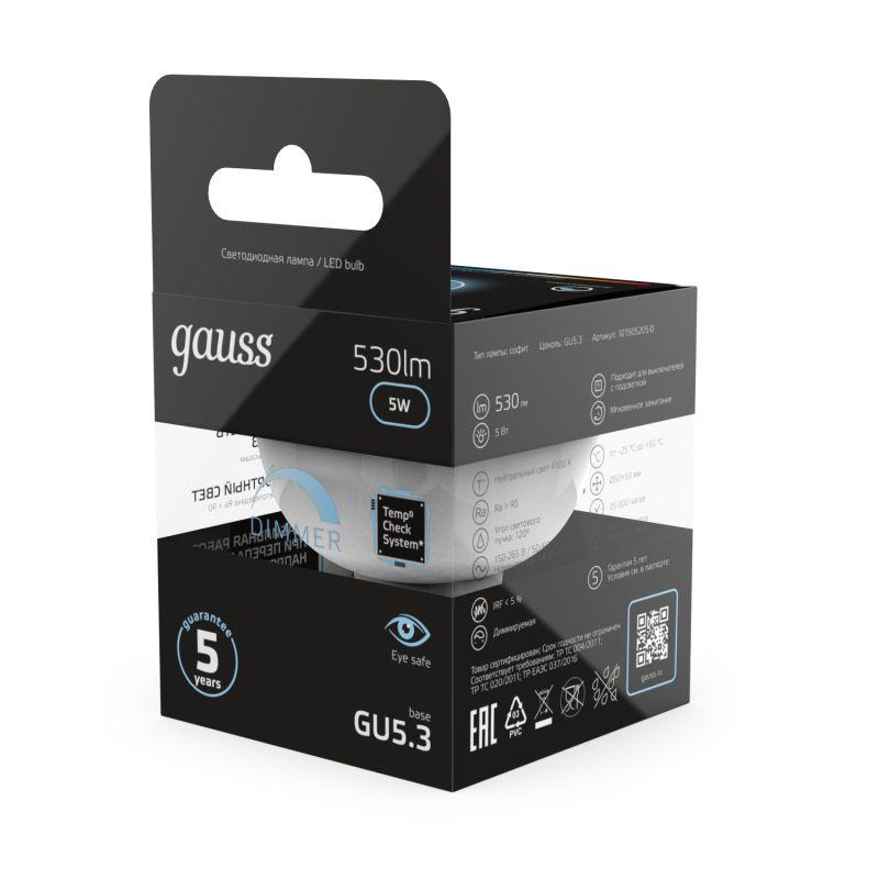 Лампа светодиодная Black 5Вт MR16 софит 4100К нейтр. бел. GU5.3 530лм диммир. GAUSS 101505205-D фото в каталоге от BTSprom.by