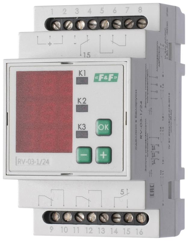 реле времени rv-03-1/24 4х8а 24в ac/dc 4no/nc ip20 многофункц. 3-х канал. 9 режимов работы с входами start диапазон выдержки времени 0с-99ч 59мин; 3мод. монтаж на din-рейке f&f ea02.001.029 от BTSprom.by