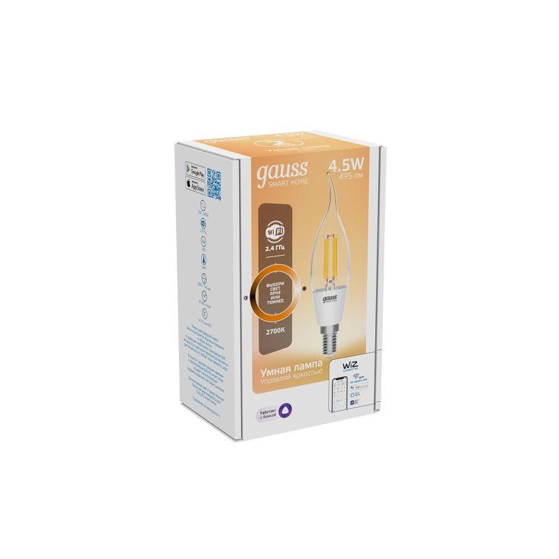 Лампа светодиодная умная Smart Home 4.5Вт свеча на ветру 2700К тепл. бел. E14 495лм диммир. управление по Wi-Fi GAUSS 1260112 фото в каталоге от BTSprom.by