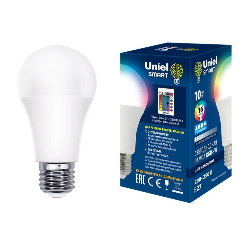 лампа светодиодная led-a60-10w/rgb/e27/reg pls21wh 10вт матовая e27 с ик сенсором rgb свет пульт ду (н/к) (упак. картон) uniel ul-00006530 от BTSprom.by