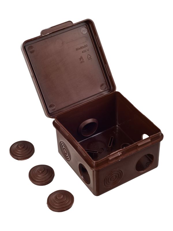  Коробка распаячная ОП КМ 80х80х50 IP54 откид. крышка 7 вводов дуб IEK UKO31-080-080-050-K24-54 фото в каталоге от BTSprom.by