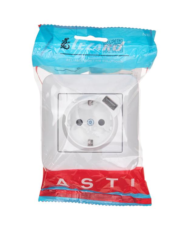  Розетка 1-м СП ASTI 16А IP20 с заземл. с заряд. устройством USB в сборе бел. LEZARD 7081-0202-181 фото в каталоге от BTSprom.by