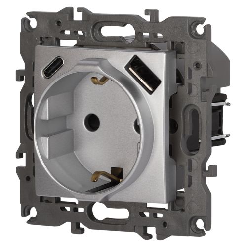  Розетка 1-м СП Elegance 14-4108-03 16А 250В 2P+E с USB type-A+C 5В-3А защ. шторки алюм. Эра Б0067741 фото в каталоге от BTSprom.by