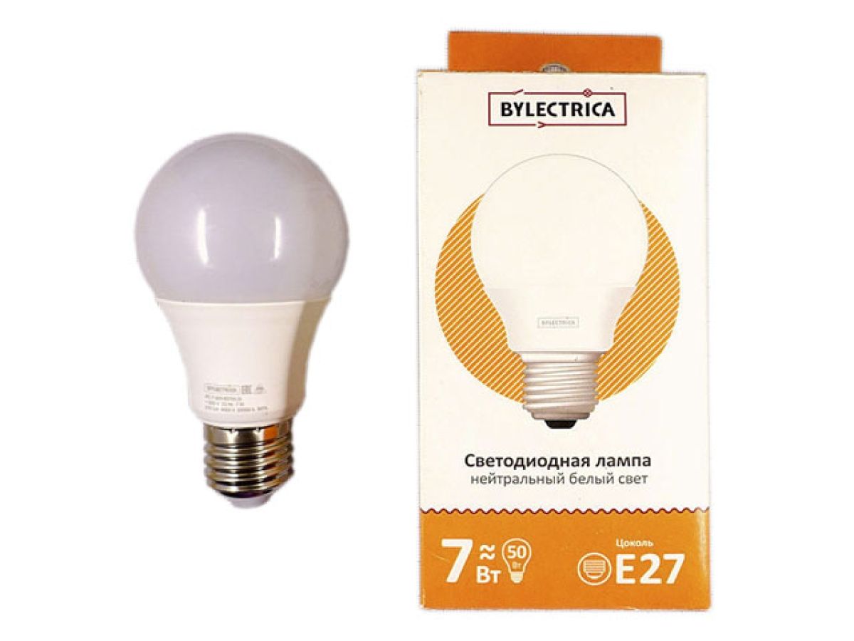 лампа светодиодная a60 стандарт 7 вт 170-240в e27 4000к bylectrica (45 вт аналог лампы накал., 575лм, нейтральный белый свет) лс-7-220-е27(4,0) от BTSprom.by