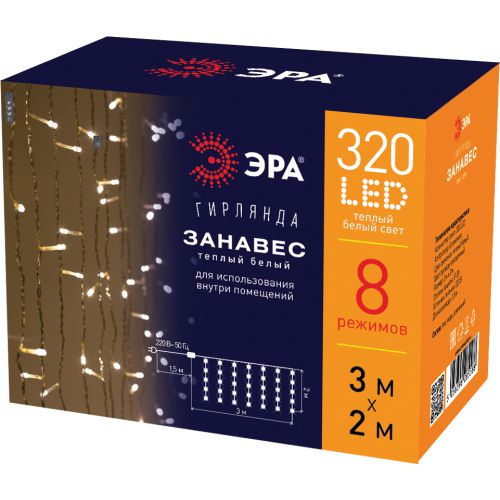  Гирлянда ENIG - 320W дождь/занавес 3х2м 320 LED тепл. бел. 8 режимов 220В IP20 Эра Б0051872 фото в каталоге от BTSprom.by