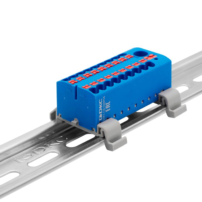 блок распределительный с горизонт. адаптером на рейку шир. 35мм зажим push-in 1 ввод 6кв.мм 18 точек подключения 2.5кв.мм син. dkc dtp1-118-104spub-h от BTSprom.by